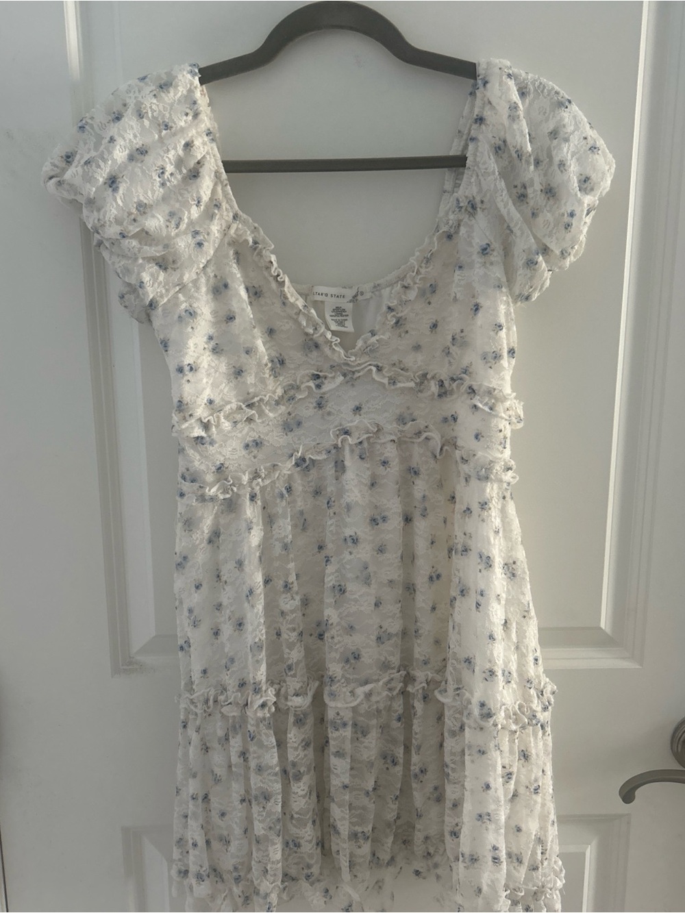 Altar'd State White Mini Dress with Blue Floral Print | size Small